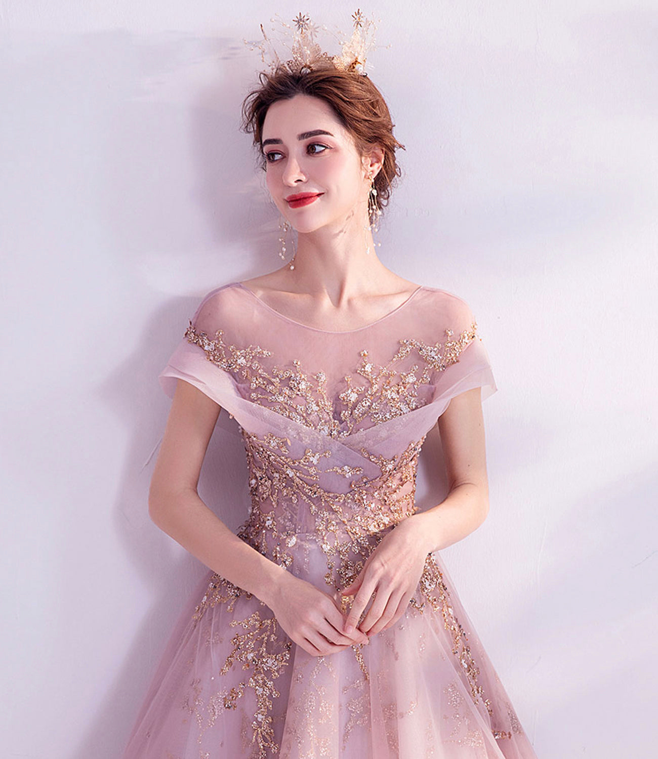 Pink tulle sequins long A line prom dress evening dress  8921