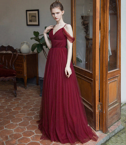 Burgundy tulle long prom dress simple evening gown  8941