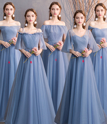 Blue tulle long prom dress simple evening dress  8866