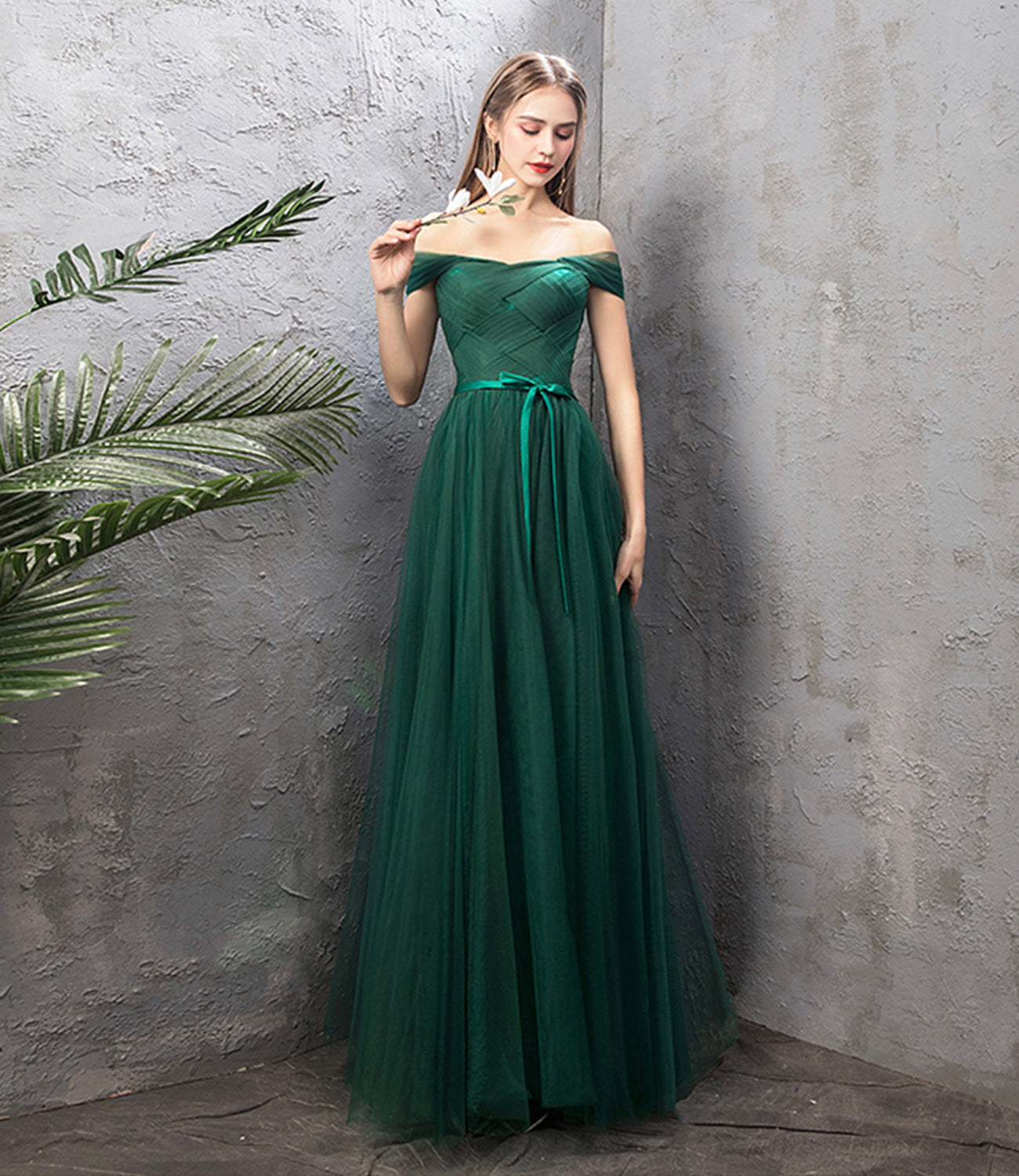 Green tulle long A line prom dress green evening dress  8868