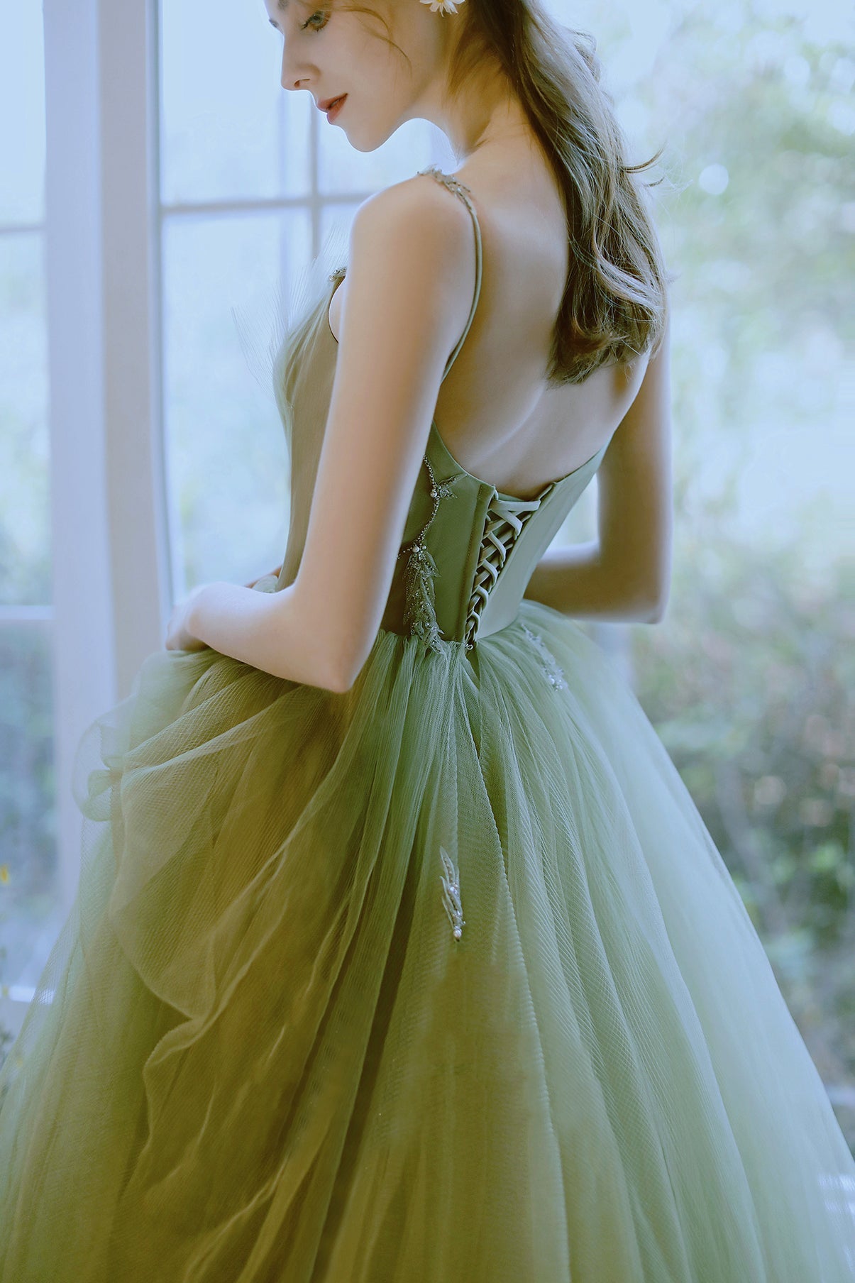 Green Tulle Long A-Line Prom Dress, Green Spaghetti Strap Evening Dress