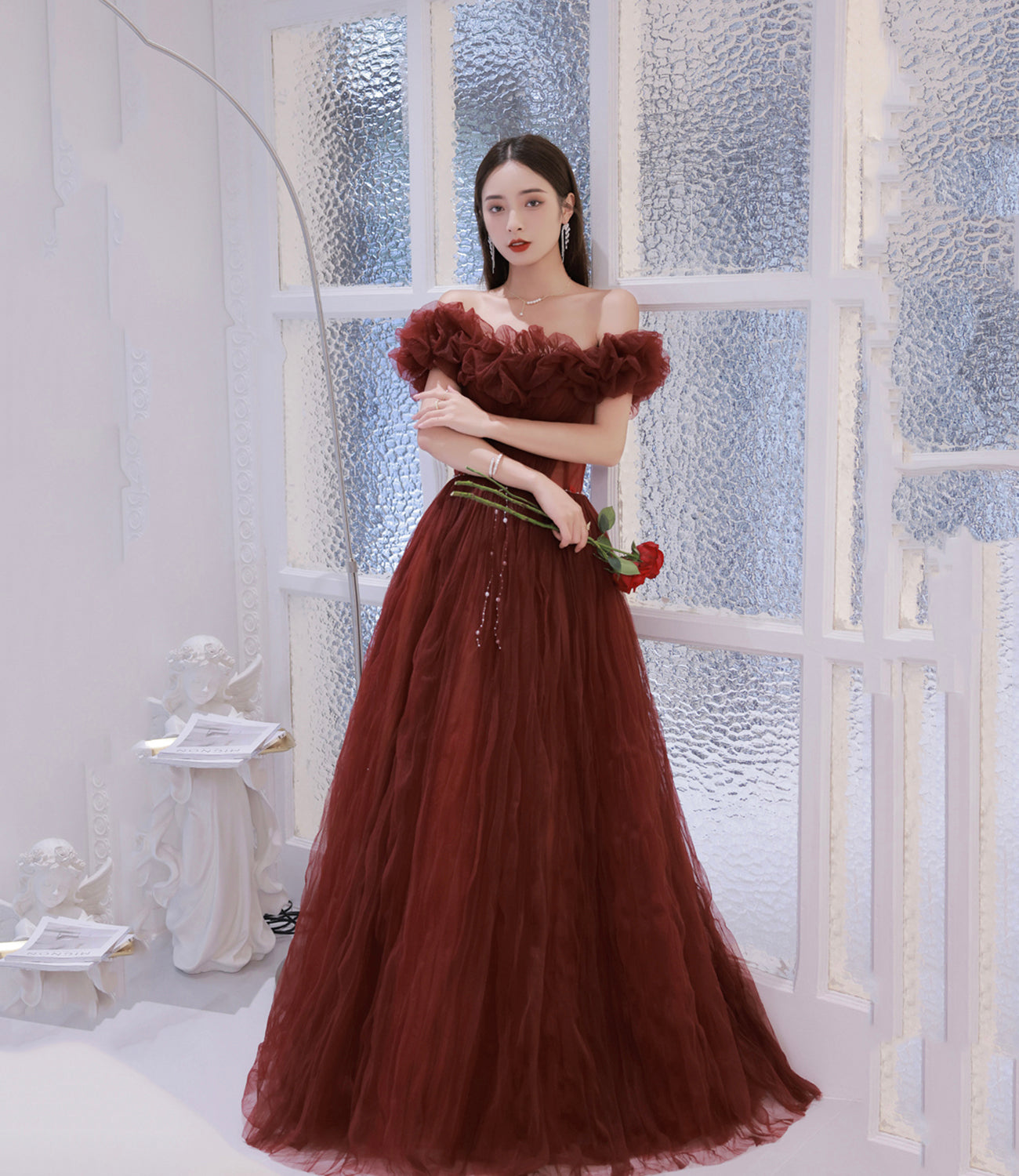 Unique tulle long prom dress off shoulder evening dress  8862