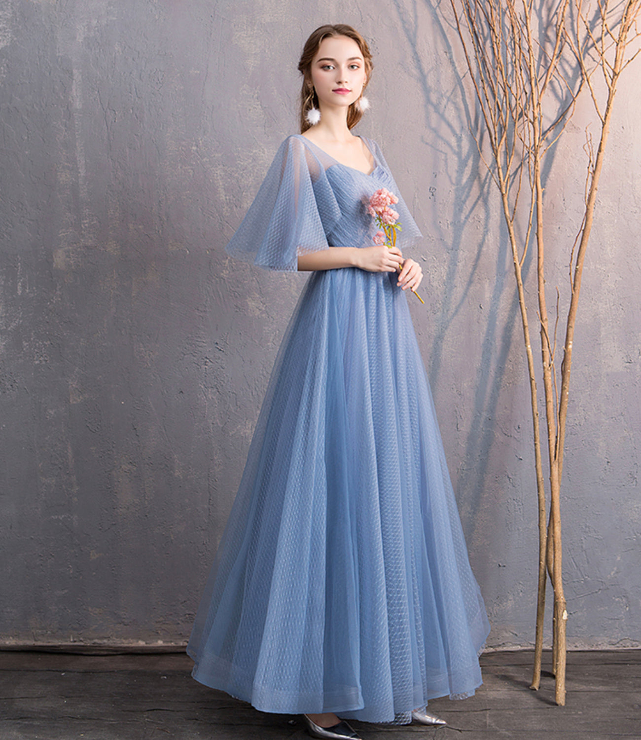 Blue tulle long prom dress simple evening dress  8866