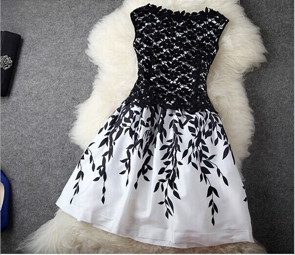 A-line round neck lace short prom dress,party dress  7596