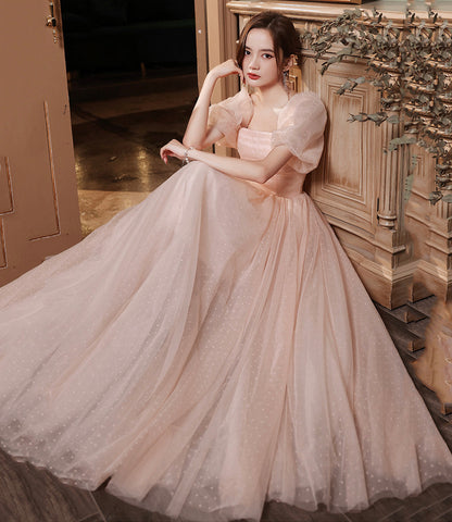 Pink tulle long A line prom dress pink evening gown  8943