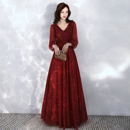 Burgundy lace long sleeve prom dress evening dress  8985