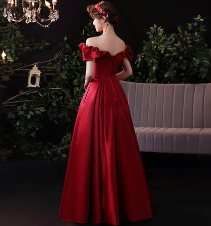Burgundy satin long prom dress evening dress  8971