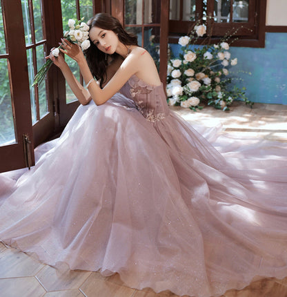 Pink tulle lace long A line prom dress evening gown  8952