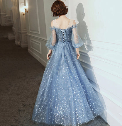 Blue tulle long prom dress A line evening gown  8955