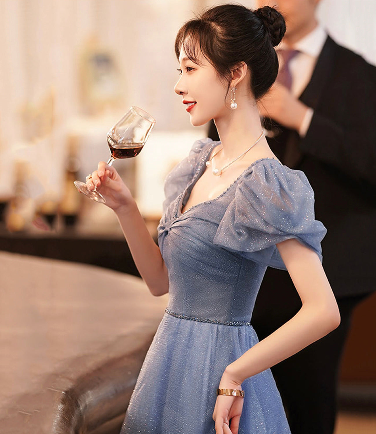 Blue tulle long A line prom dress evening dress  8966