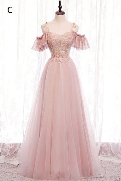 Pink tulle lace long prom dress evening dress  8349