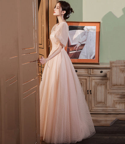 Pink tulle long A line prom dress pink evening gown  8943