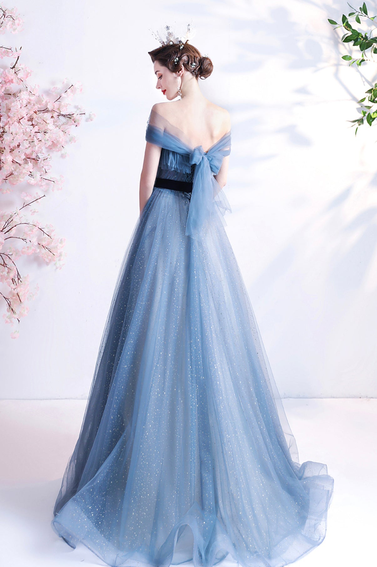 Blue tulle long A line prom dress blue evening dress  8777