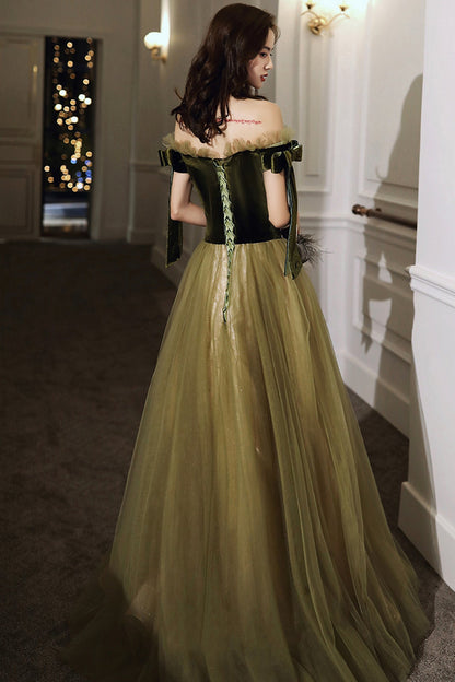 Green tulle long A line prom dress evening dress  8786