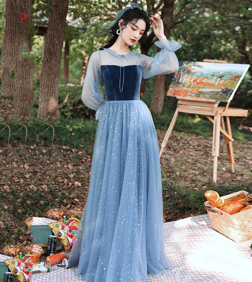 Blue velvet tulle long prom dress blue evening dress  8533