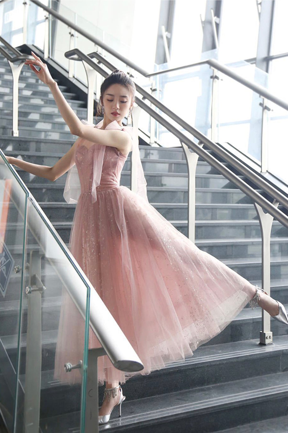 Pink A line prom dress pink tulle evening dress  8656