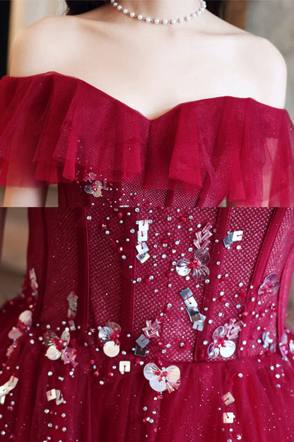 Burgundy tulle long A line prom dress evening dress  8687