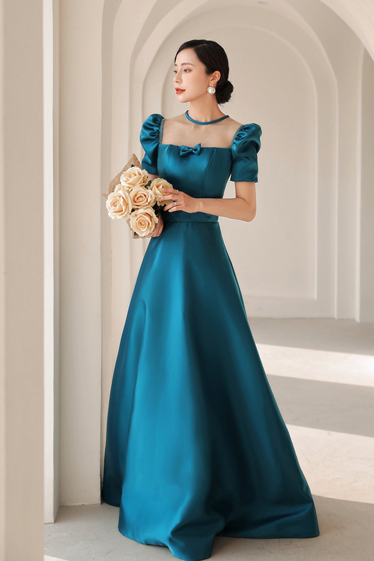 Blue satin long A line prom dress blue evening dress  8784