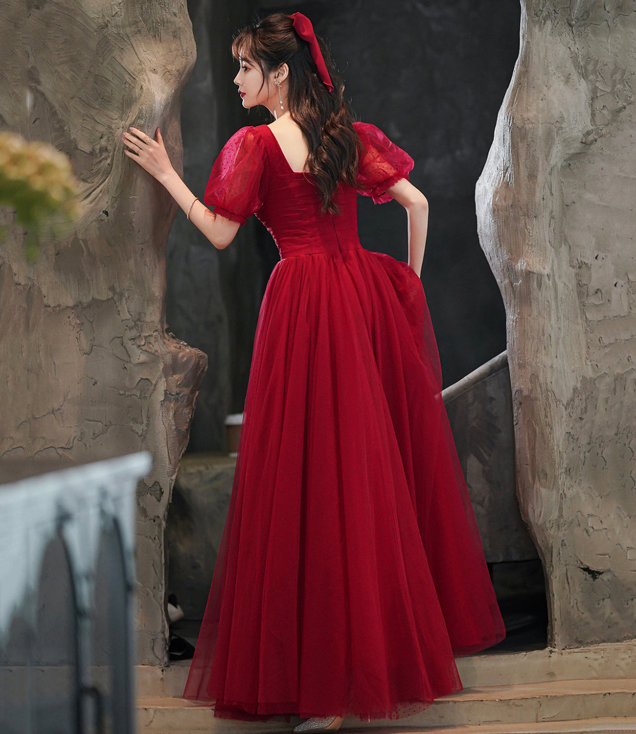 Burgundy tulle long A line prom dress evening dress  8843