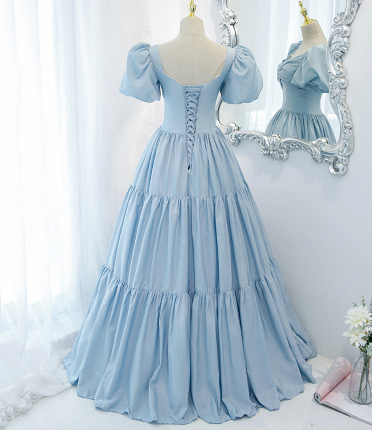 Blue satin long A line prom dress blue evening dress  8837