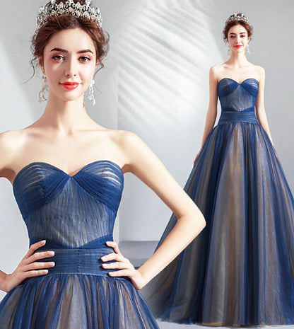 Blue tulle long prom dress blue evening dress  8431