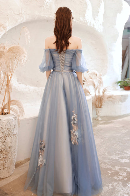 Blue lace long A line prom dress blue evening dress  8751