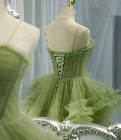 Green tulle long A line prom dress green evening dress  8836