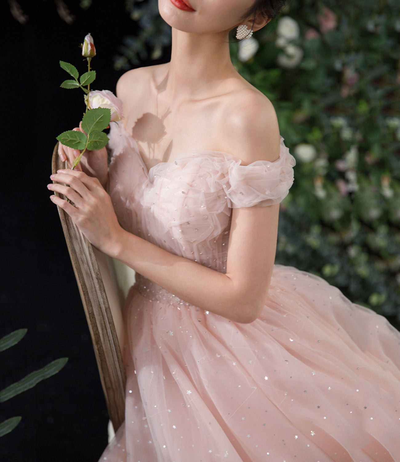 Pink tulle long A line prom dress pink evening dress  8844