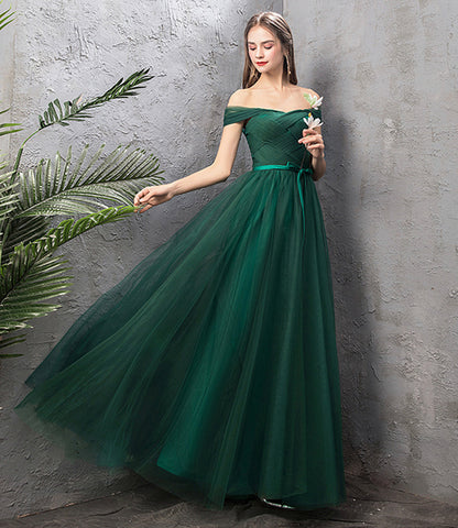 Green tulle long A line prom dress green evening dress  8868