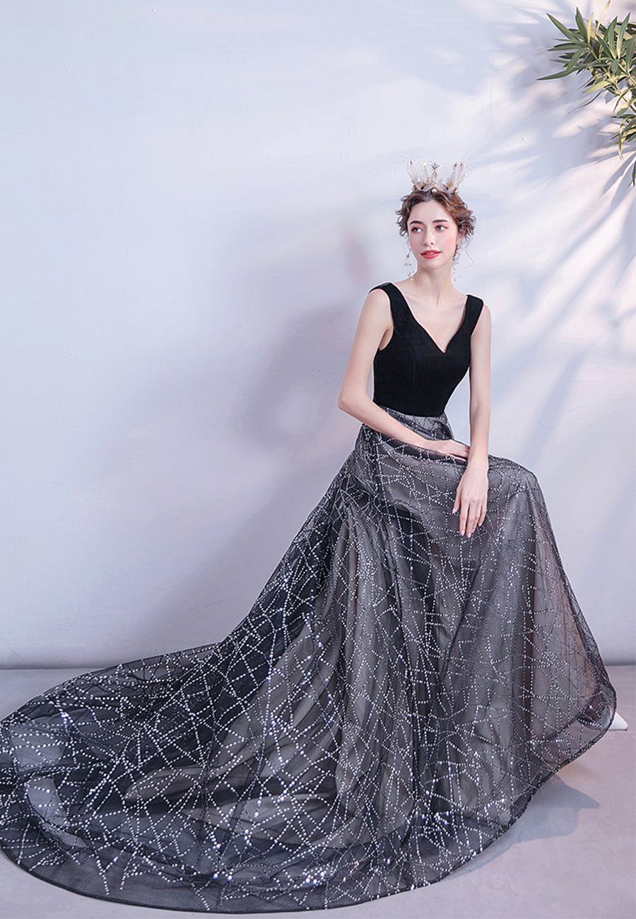 Black velvet sequins long prom dress formal dress  8450