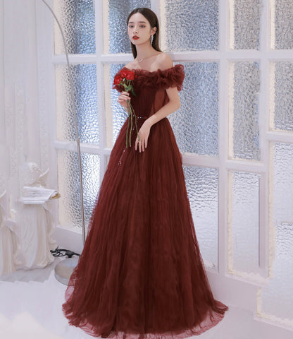 Unique tulle long prom dress off shoulder evening dress  8862