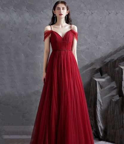 Burgundy v neck tulle long prom dress evening dress  8871