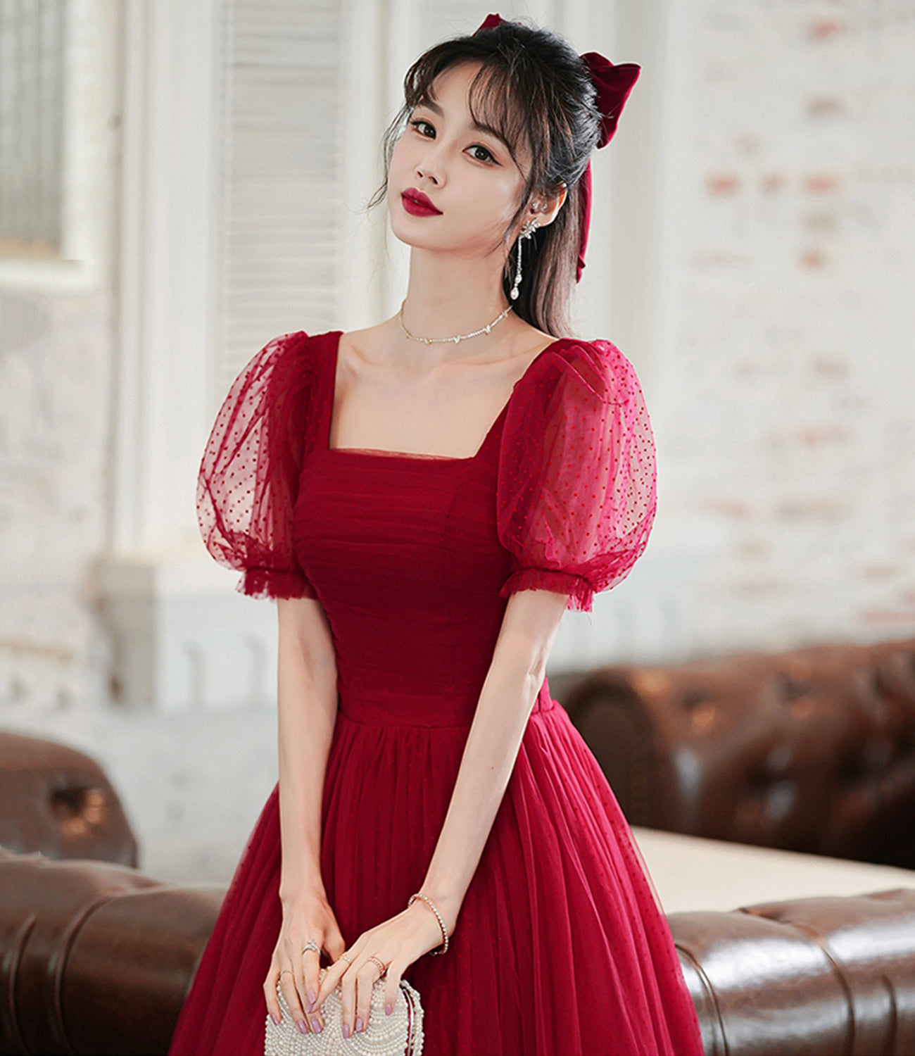 Burgundy tulle long A line prom dress evening dress  8843