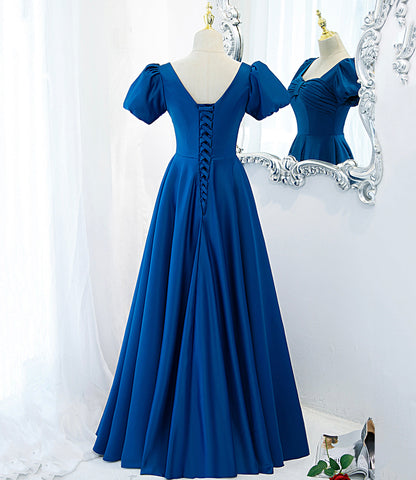 Blue satin long A line prom dress blue evening dress  8848
