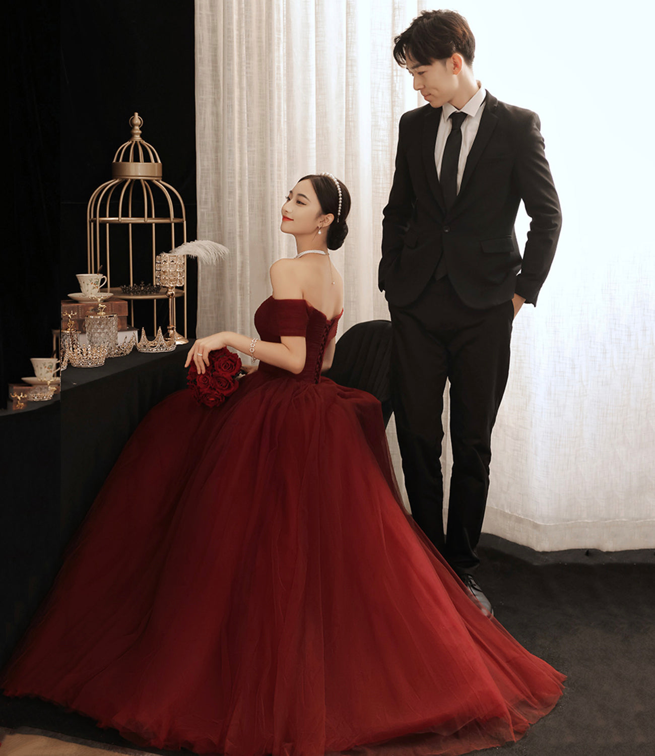 Burgundy tulle long A line prom dress evening dress  8874