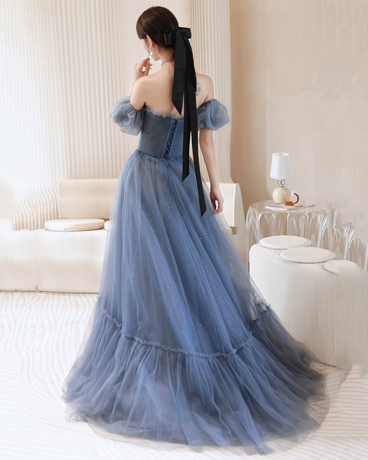 Blue tulle long A line prom dress blue evening dress  8903
