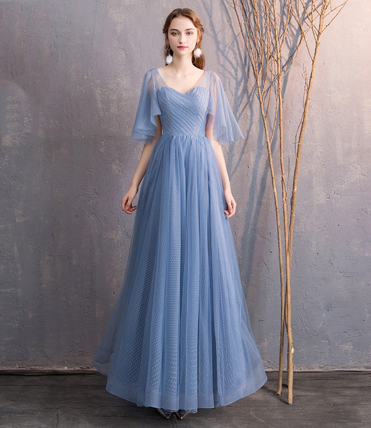 Blue tulle long prom dress simple evening dress  8866