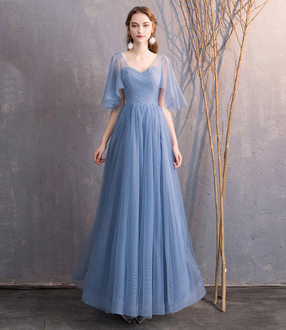 Blue tulle long prom dress simple evening dress  8866
