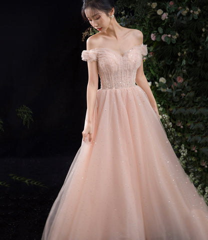 Pink tulle long A line prom dress pink evening dress  8844