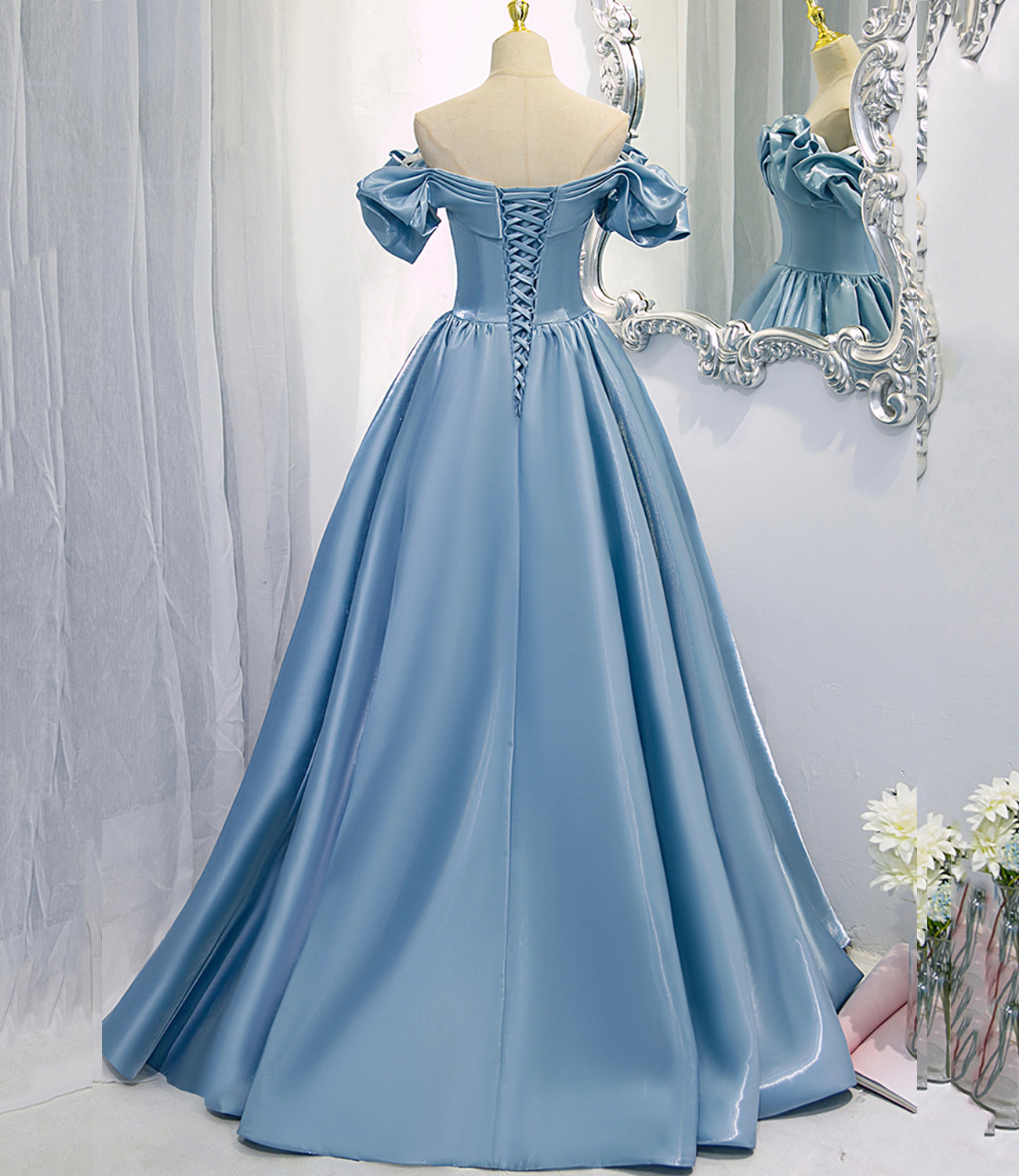 Shiny satin long A line prom dress blue evening dress  8845