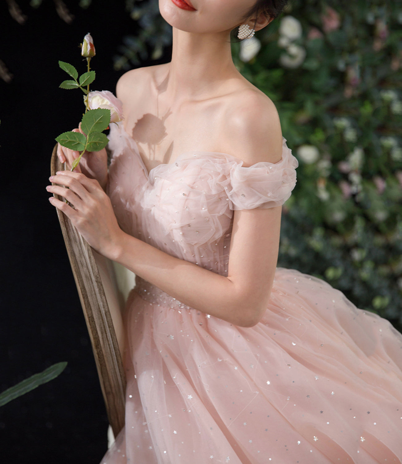 Pink tulle long A line prom dress pink evening dress  8891