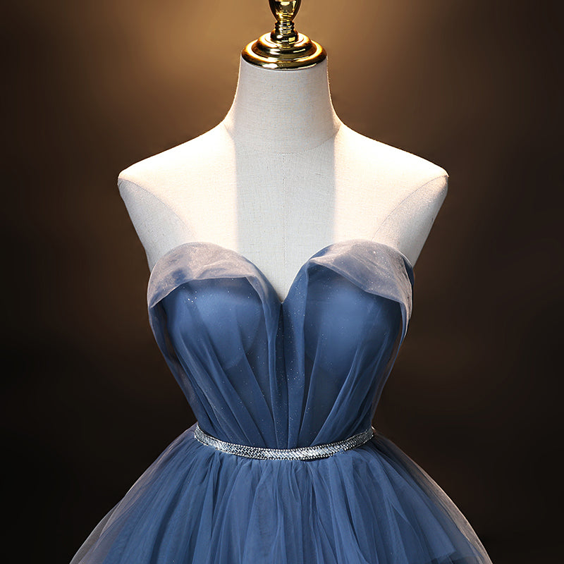 Blue tulle long A line prom dress blue evening dress  8909