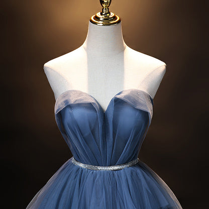 Blue tulle long A line prom dress blue evening dress  8909