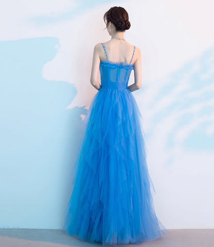 Blue tulle long A line prom dress blue evening dress  8904