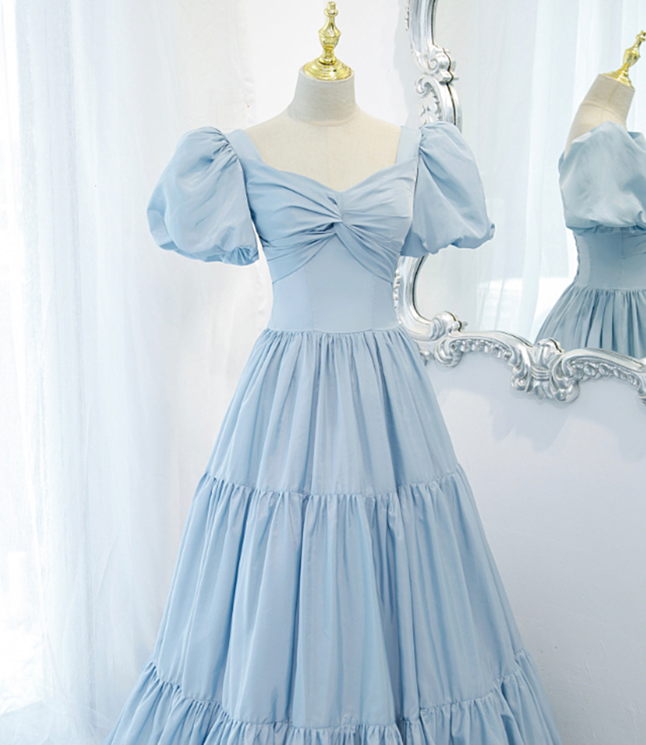 Blue satin long A line prom dress blue evening dress  8837