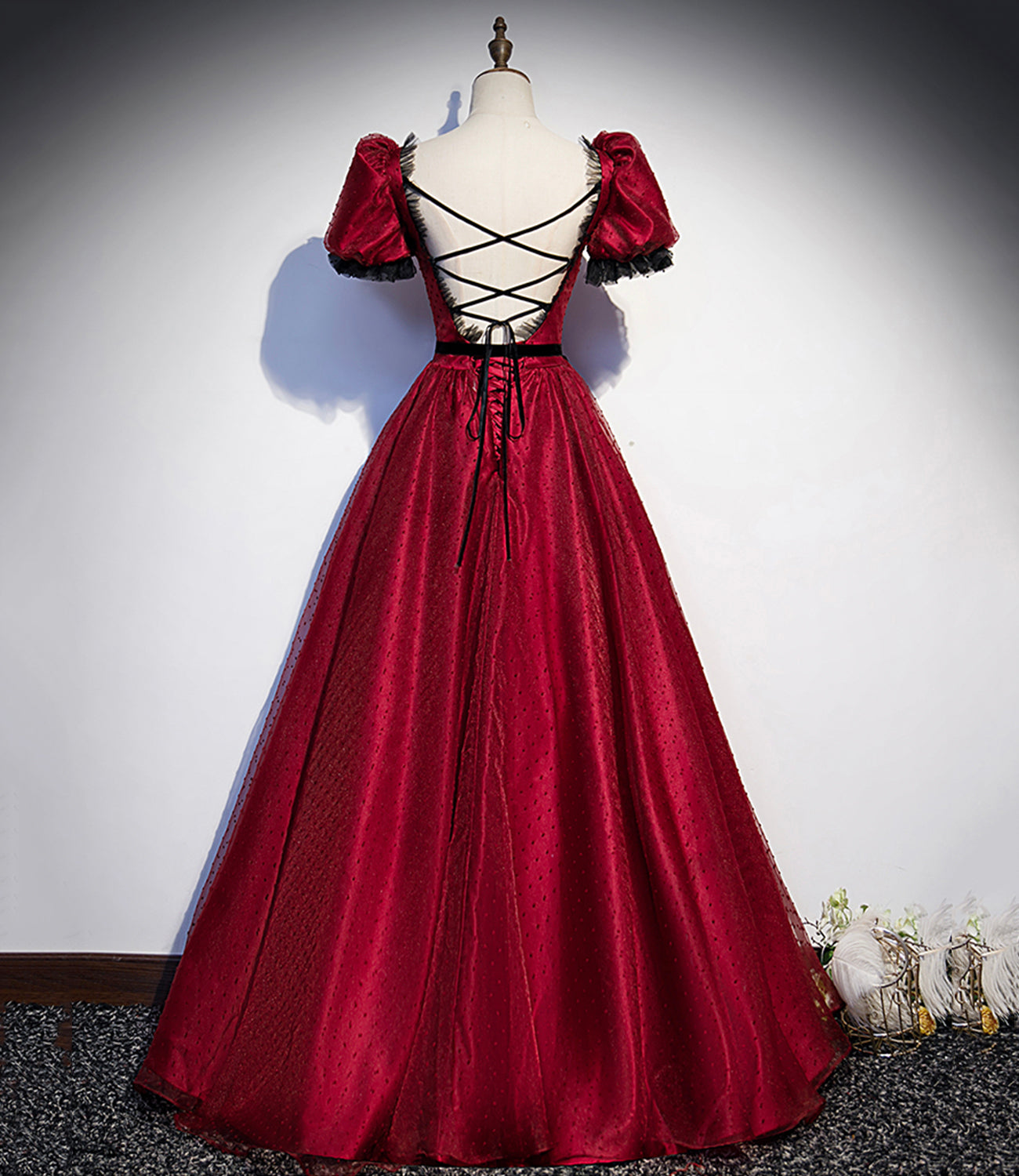 Burgundy tulle long A line prom dress evening dress  8839