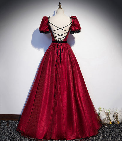 Burgundy tulle long A line prom dress evening dress  8839