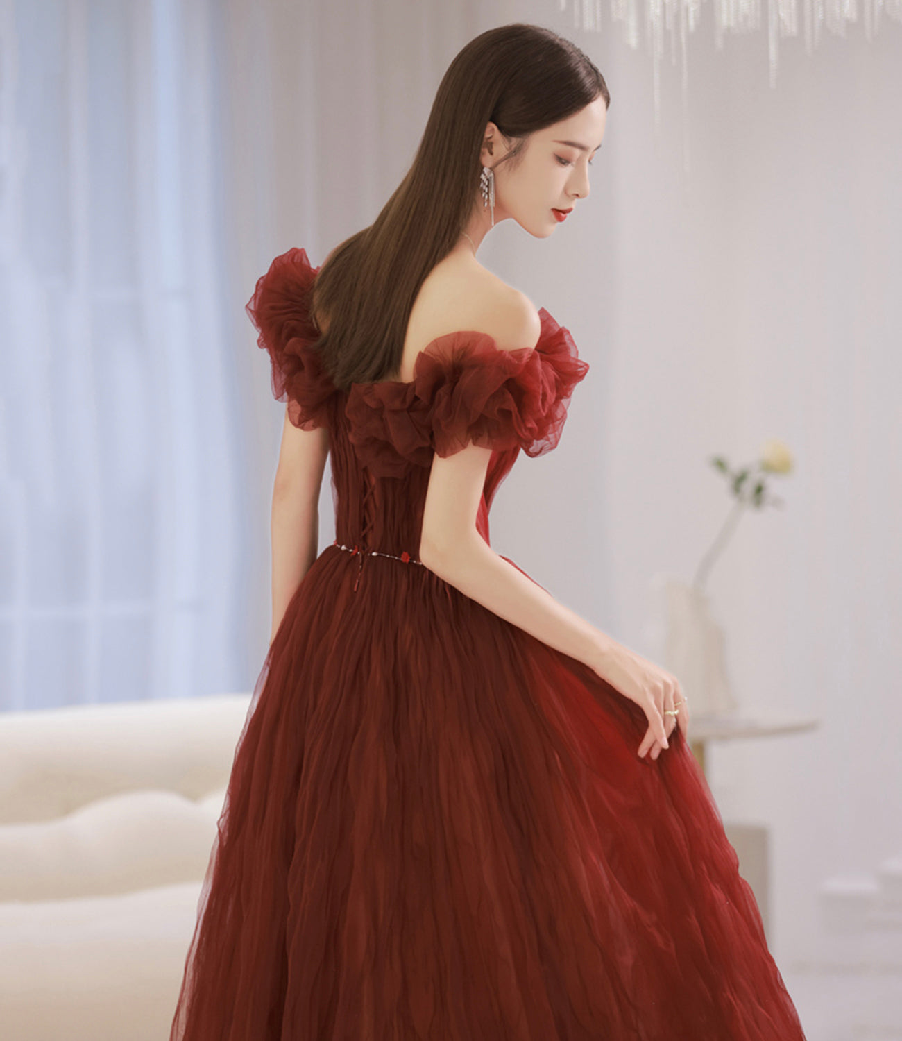 Unique tulle long prom dress off shoulder evening dress  8862