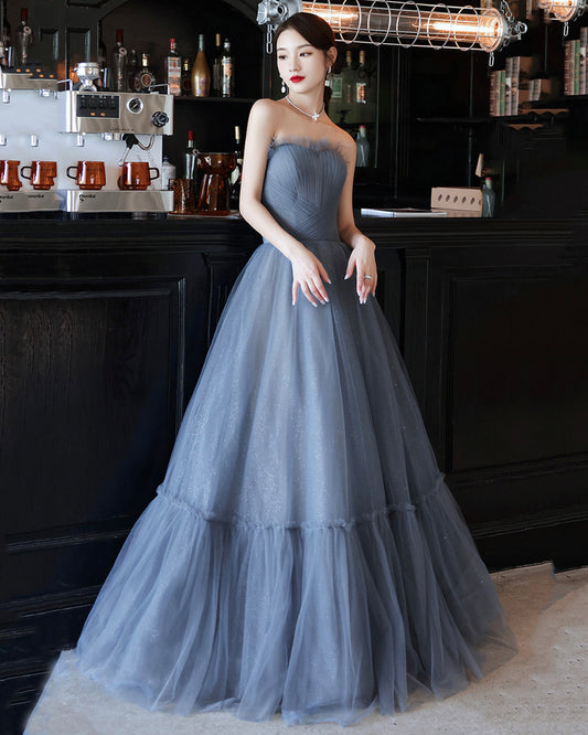 Blue tulle long A line prom dress blue evening dress  8903
