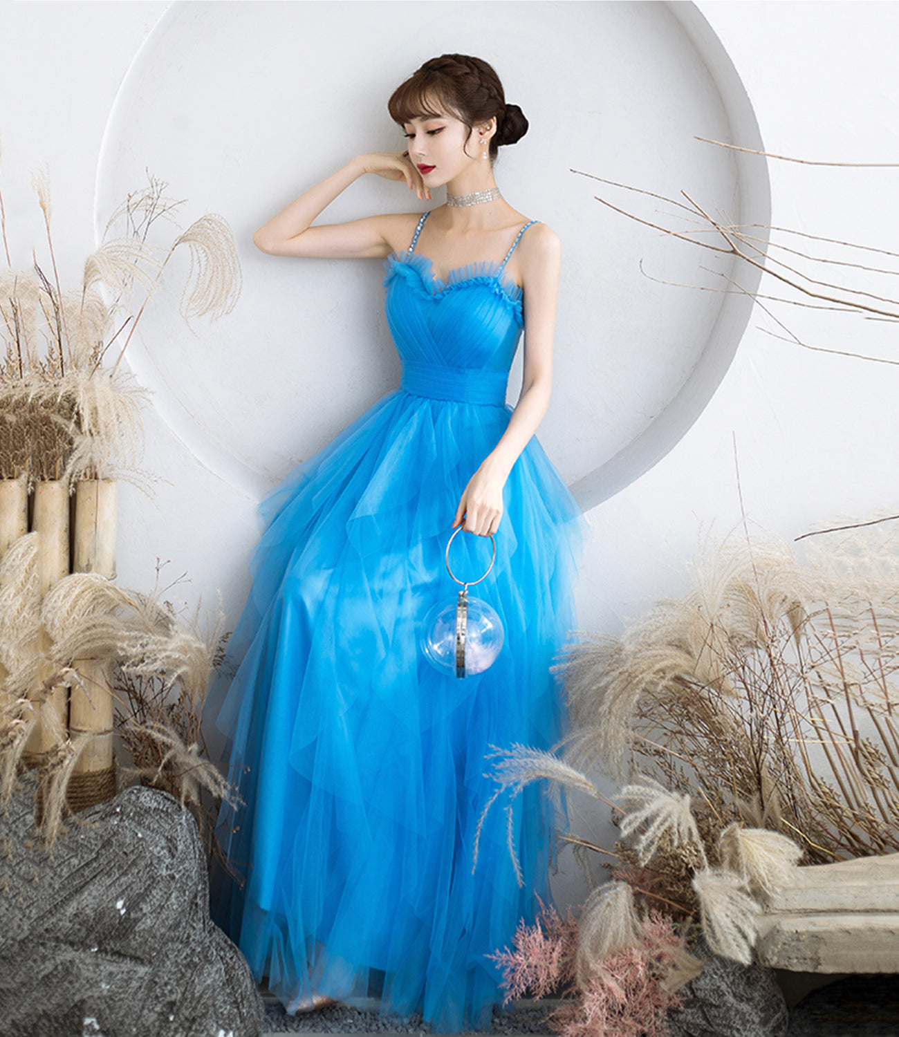 Blue tulle long A line prom dress blue evening dress  8904